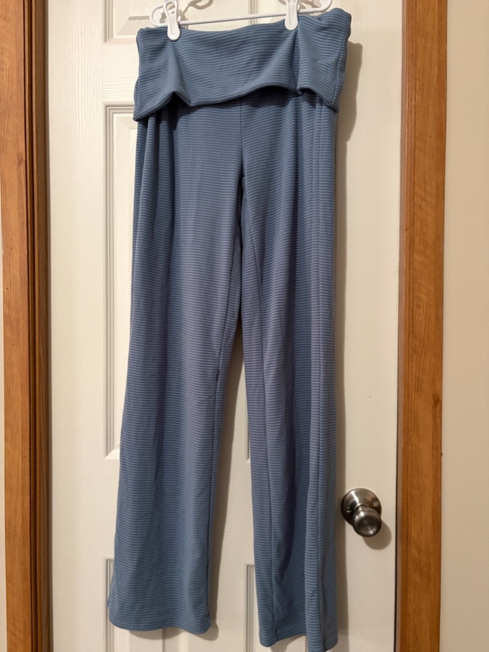 Fold-Over Waist Ribbed Wide-Leg Leggings - Blue